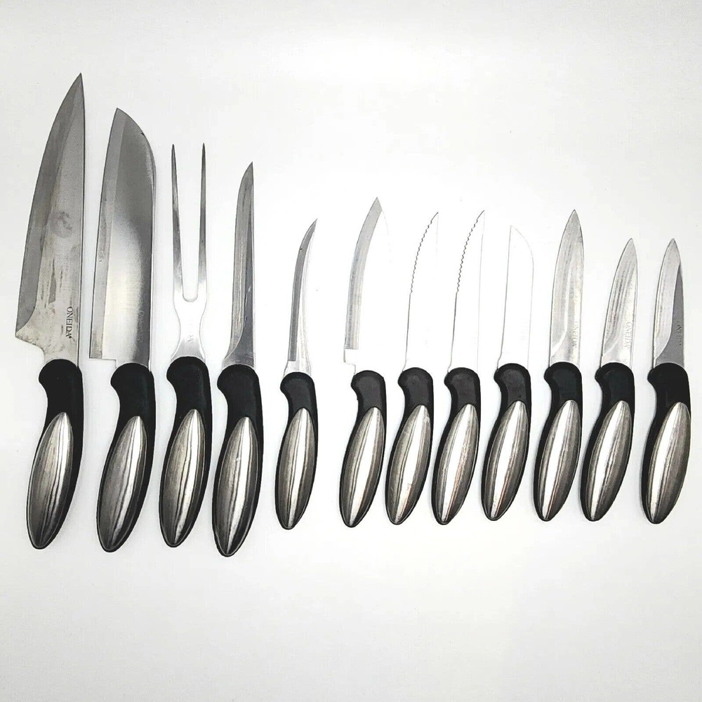 Vtg Oneida Contoura 12 Pc. Cutlery Knife Set High-Carbon Stainless w/Chef's Bag